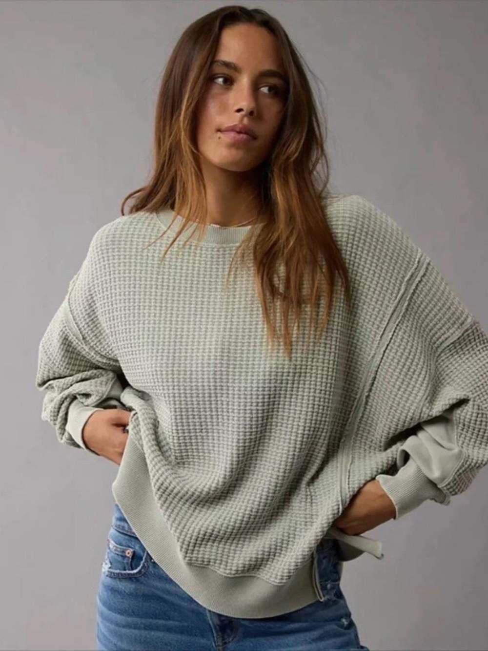 American Eagle Outfitters Sage Waffle Knit Crewneck Sweater